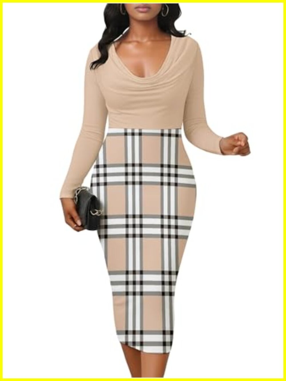 Women's Plus Size Midi Bodycon Pencil Dress Long Sleeve Cowl Neck